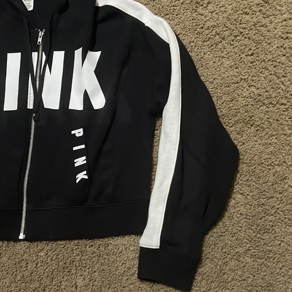 Victoria Secret “PINK” Women’s black & white zip hooded jacket Sz Large - Picture 2 of 13